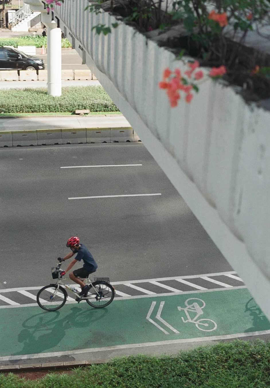 Morning Cyclist on Urban Bike Lane. Shot with Olympus OM-1, Olympus Zuiko 50mm f/1.8, Kodal Gold 200 film