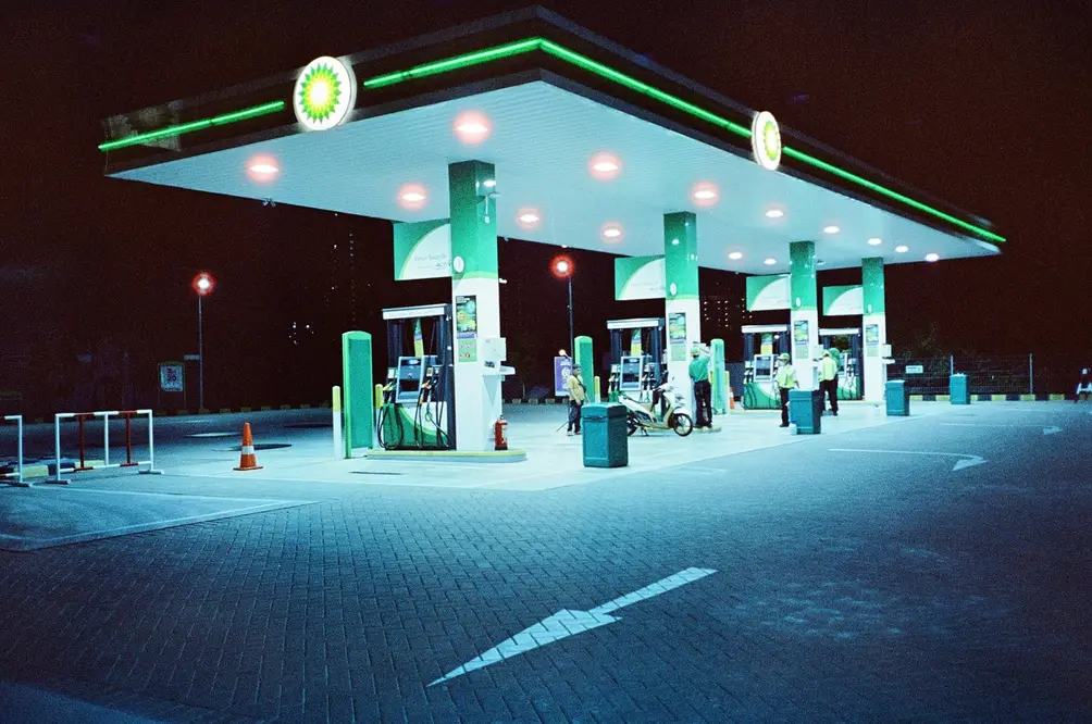 BP Gas Station at Night with Neon Green Canopy